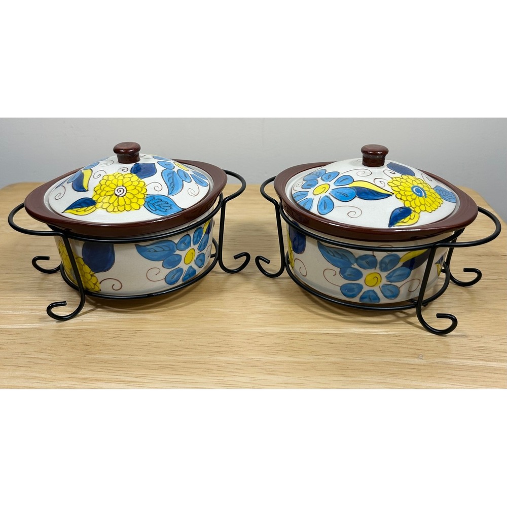 Temptations‎ Mini Casserole Dishes SET/2 Blossom Floral Lids & Wire Racks 9 oz